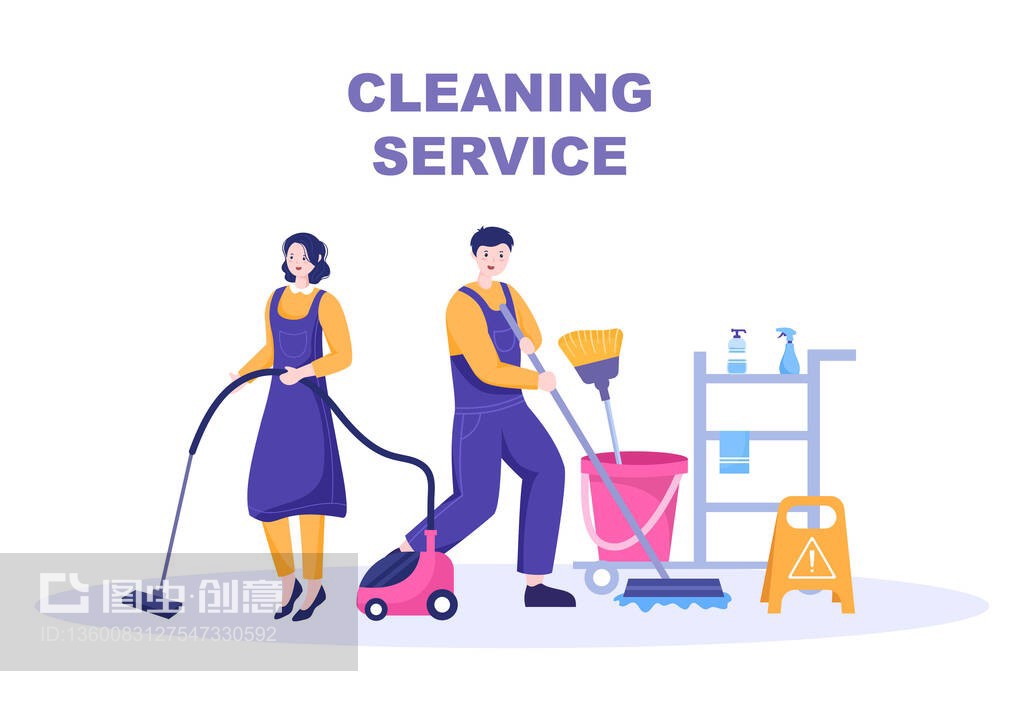 清洁服务平面设计插图。人们用吸尘器、擦拭灰尘和扫地来做背景、横幅或海报